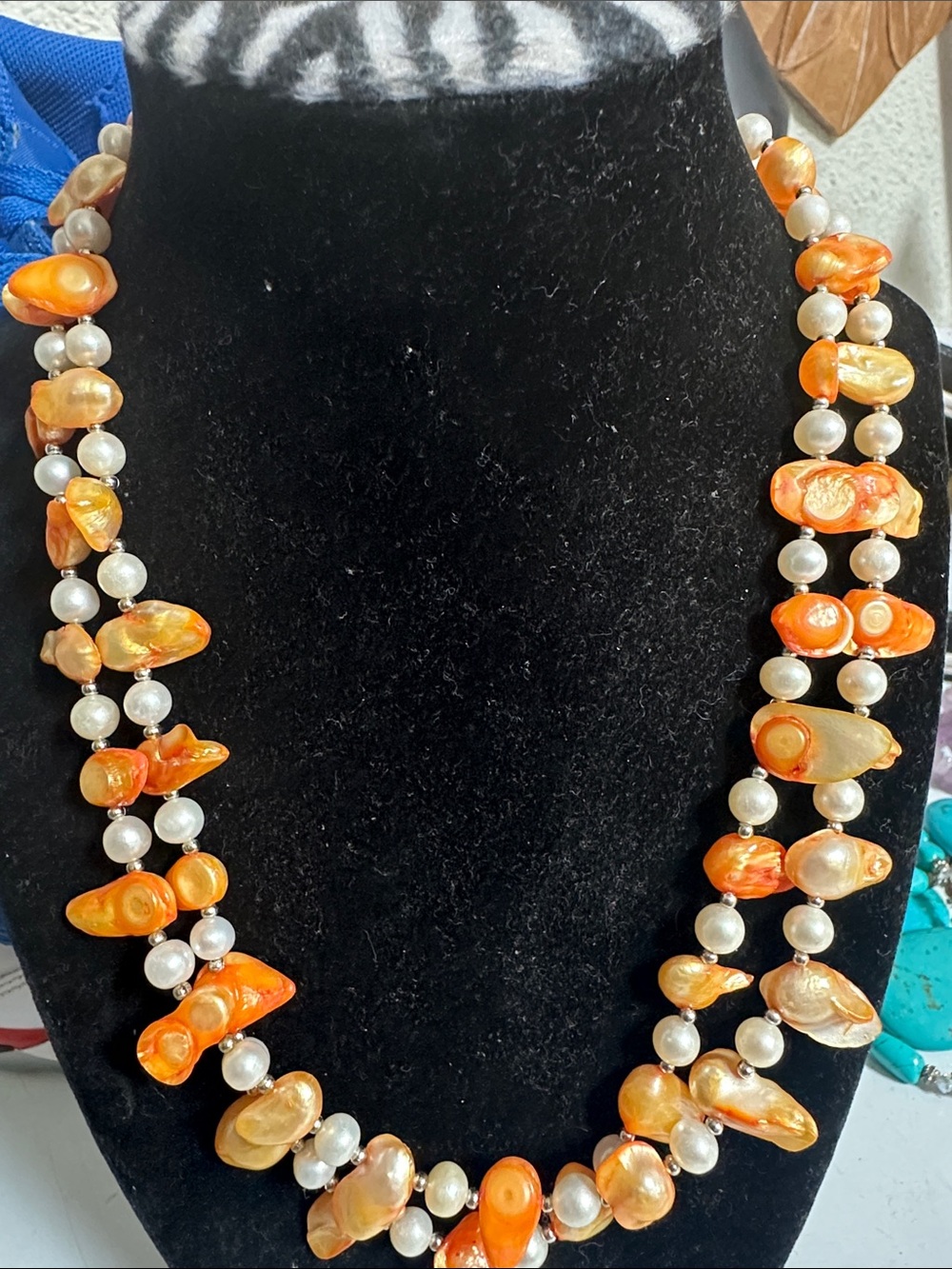 Freshwater Pearl & Orange Keishi Shell Double Strand Necklace